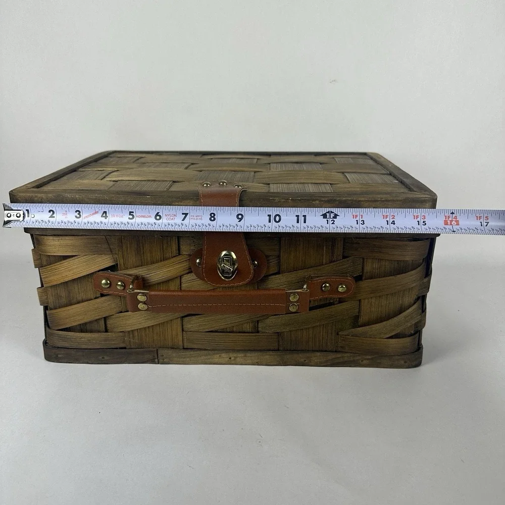Vintage Woven Wood Picnic Basket Plaid Lined Folding Handle Storage Basket